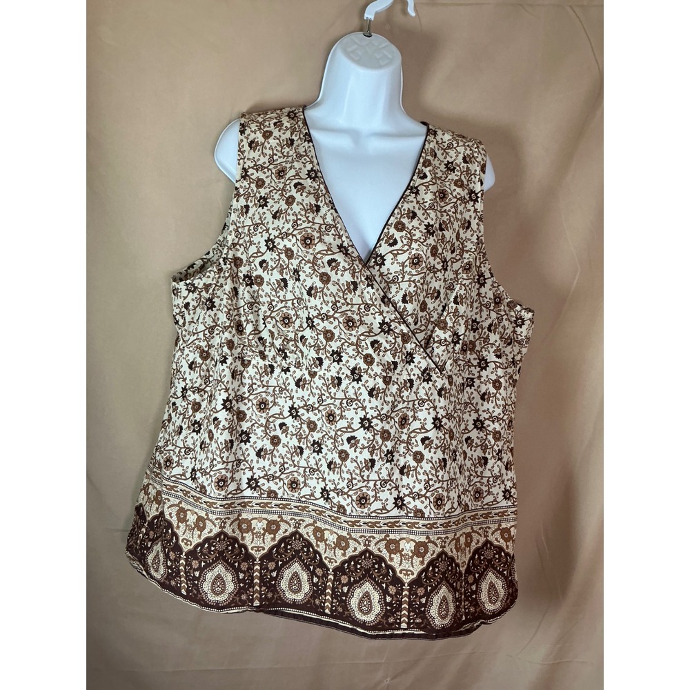 Fashion Bug Faux Wrap Top Womens 22/24W Brown Floral Cotton Excellent Boho Tank